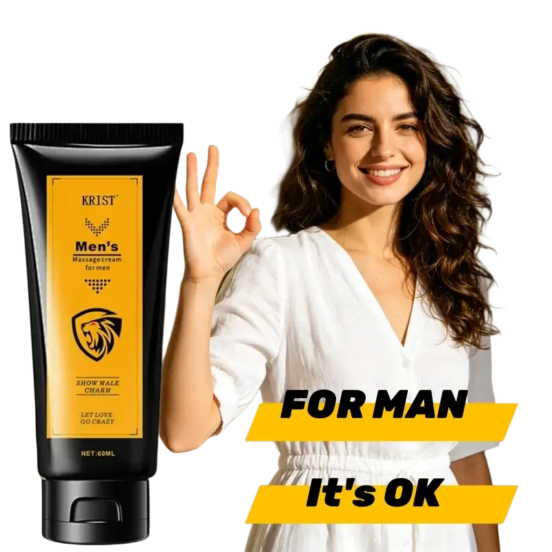 Black tube of krist men intimate care massage cream 60ml with gold label featuring lion emblem and shelf life details
