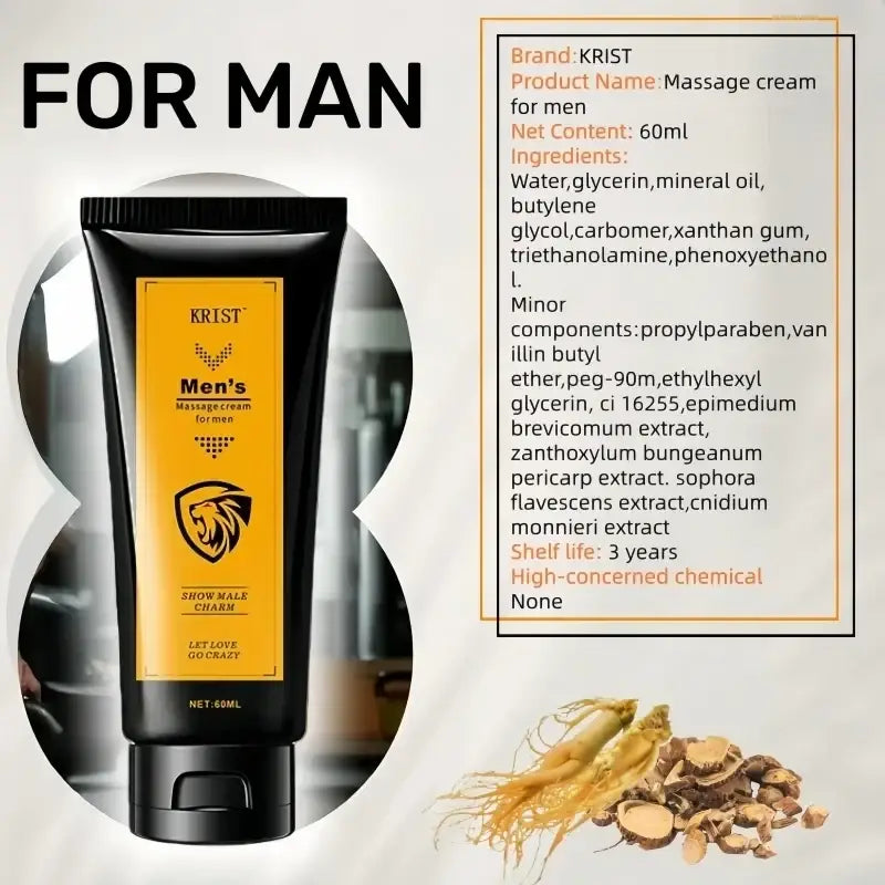 Black tube of krist men intimate care massage cream 60ml with bold orange label and lion emblem showing male charm shelf life