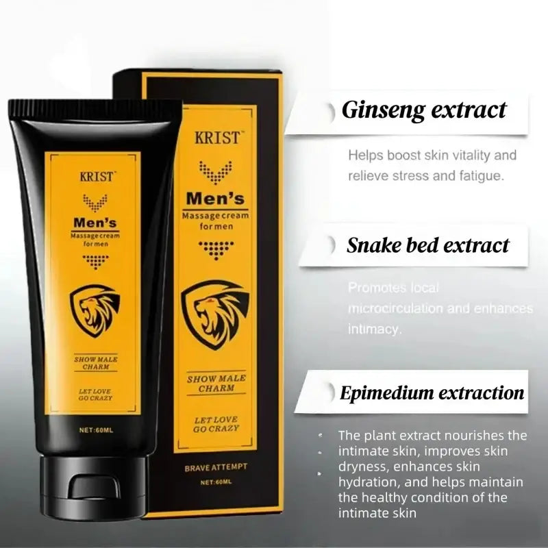 Black tube of krist men intimate care massage cream 60ml with bold yellow label lion emblem and show male charm slogan including shelf life details