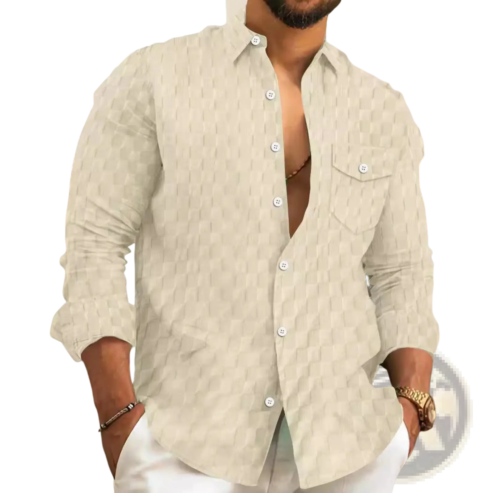 Men jacquard plaid long sleeve button down shirt in beige with subtle geometric pattern and white buttons