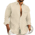 Men jacquard plaid long sleeve button down shirt in beige with subtle geometric pattern and white buttons