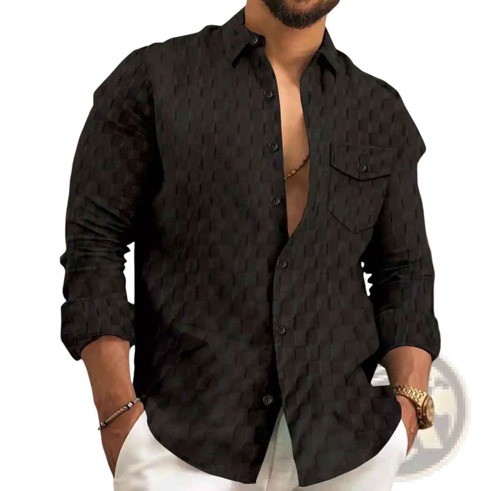 Men jacquard plaid long sleeve button down shirt in black with subtle geometric pattern and button-up design