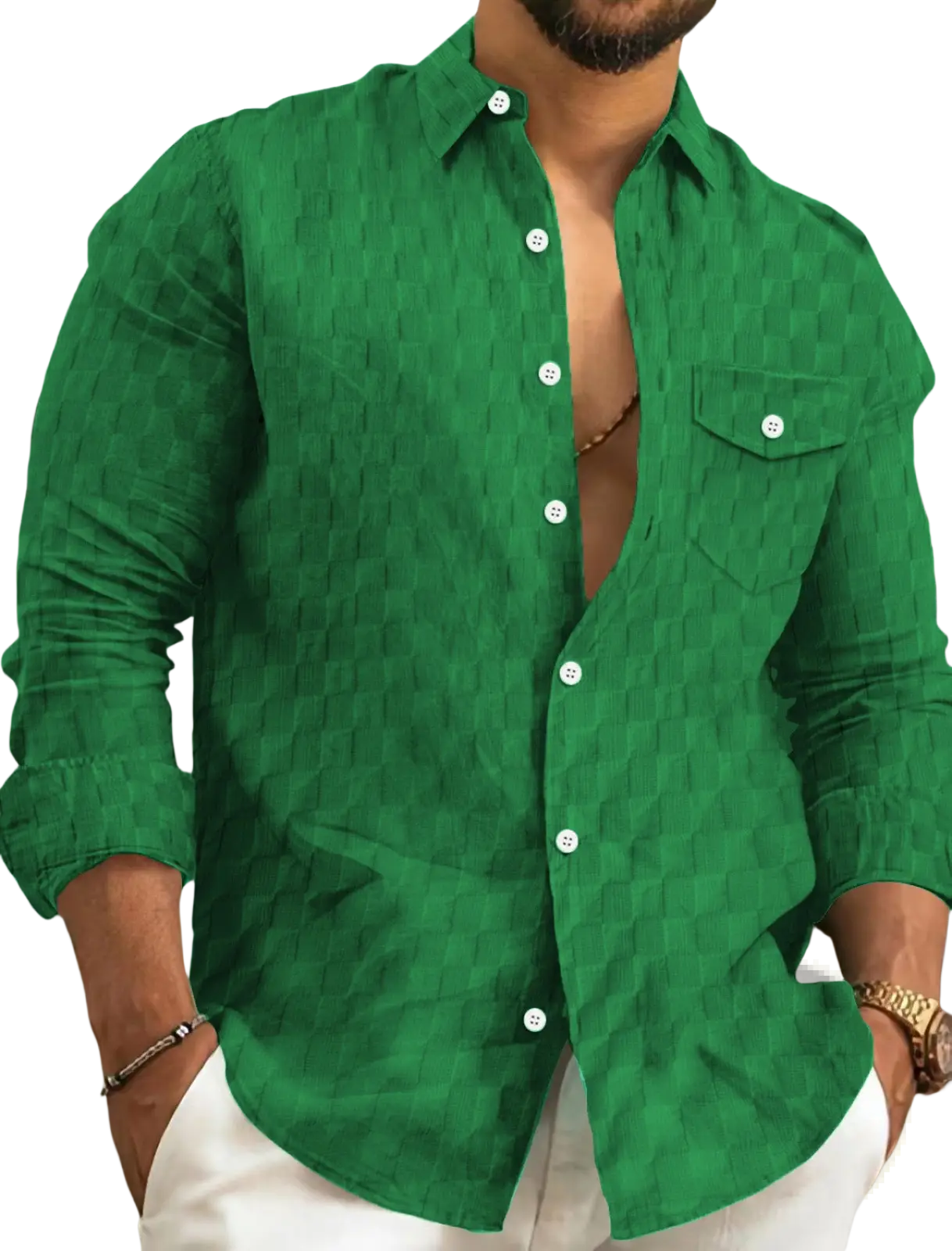 Men jacquard plaid long sleeve button down shirt in vibrant green with subtle textured pattern and white buttons