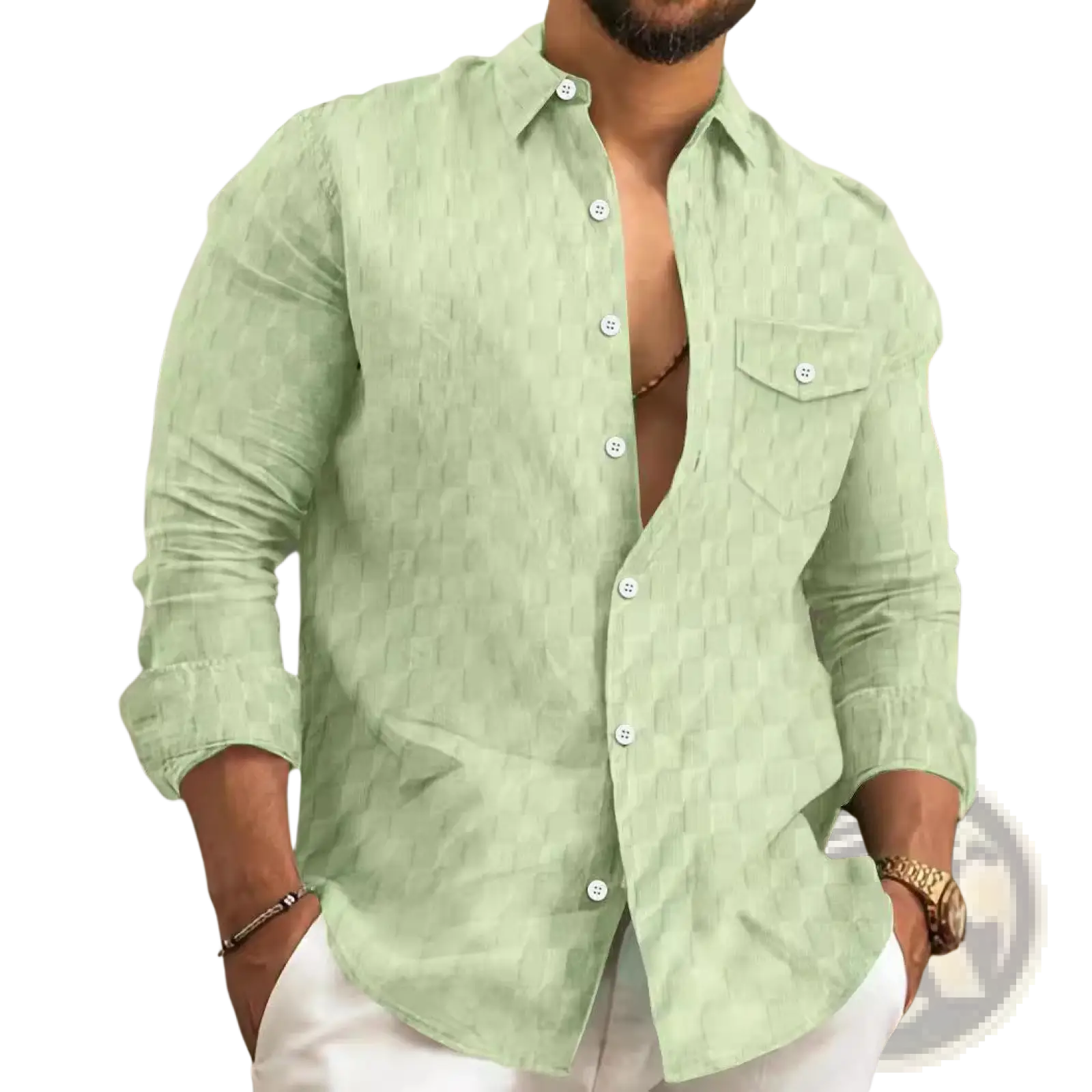 Men jacquard plaid long sleeve button down shirt in light green with subtle checkered pattern and white buttons
