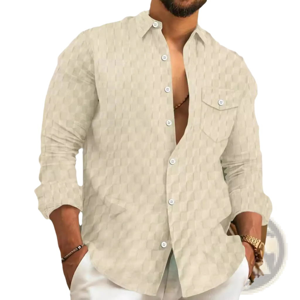 Men jacquard plaid long sleeve button down shirt in beige with a subtle geometric pattern and button up front