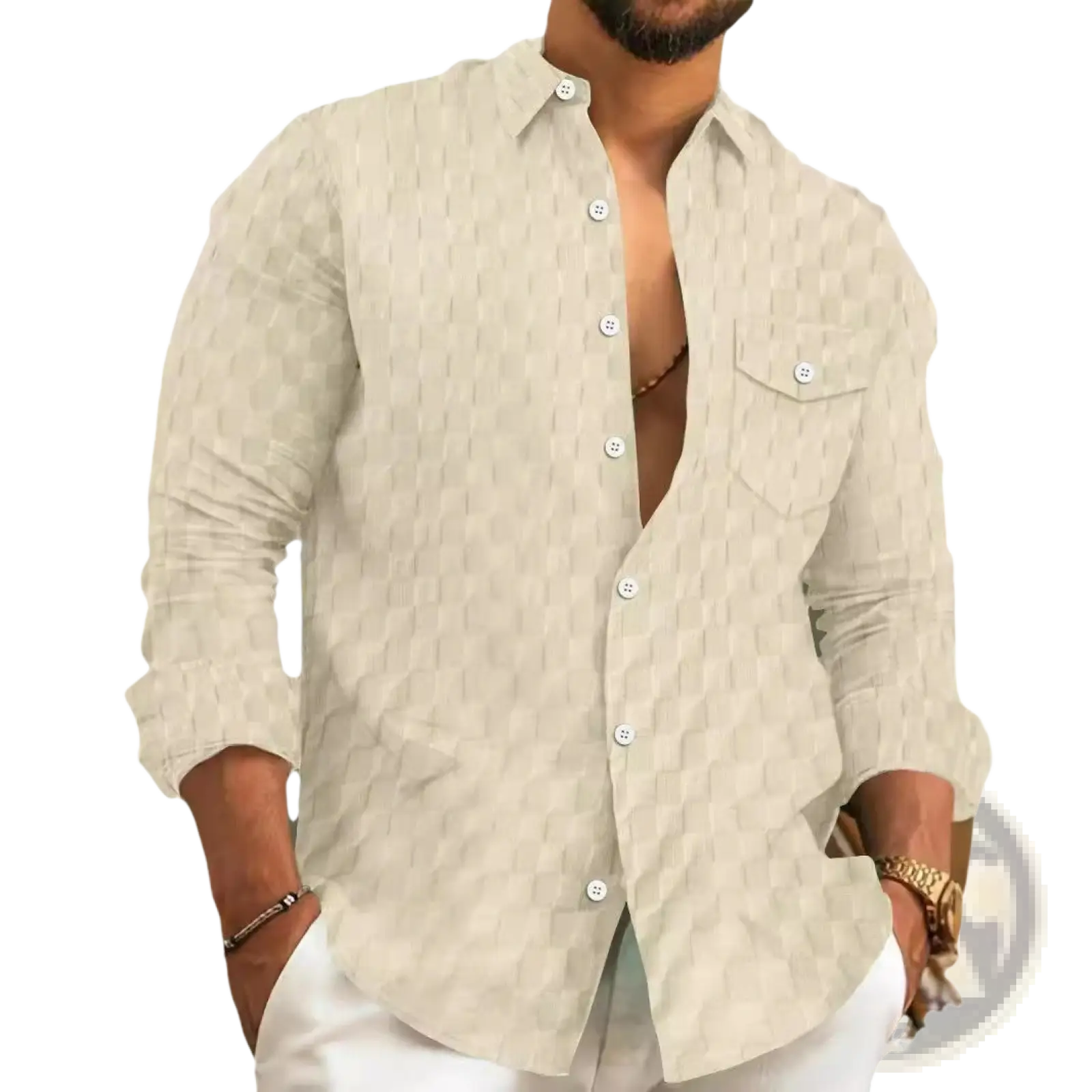 Men jacquard plaid long sleeve button down shirt in beige with a subtle geometric pattern and button up front