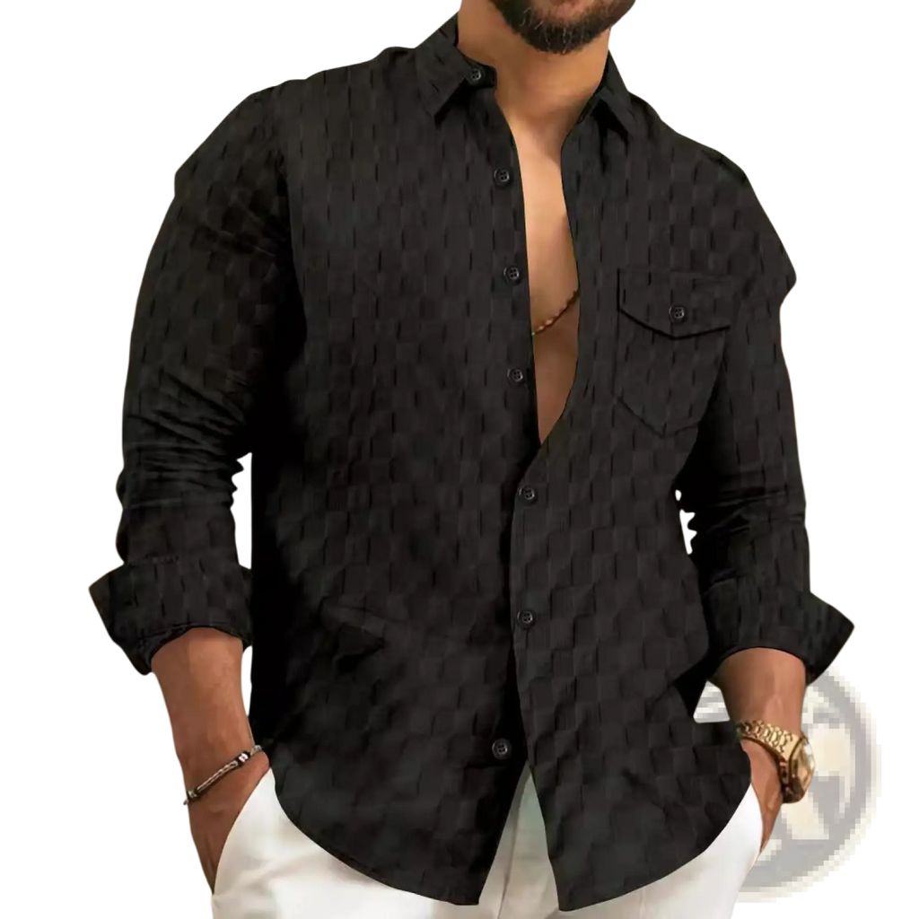 Men jacquard plaid long sleeve button down shirt in black with a subtle textured pattern and button-up front