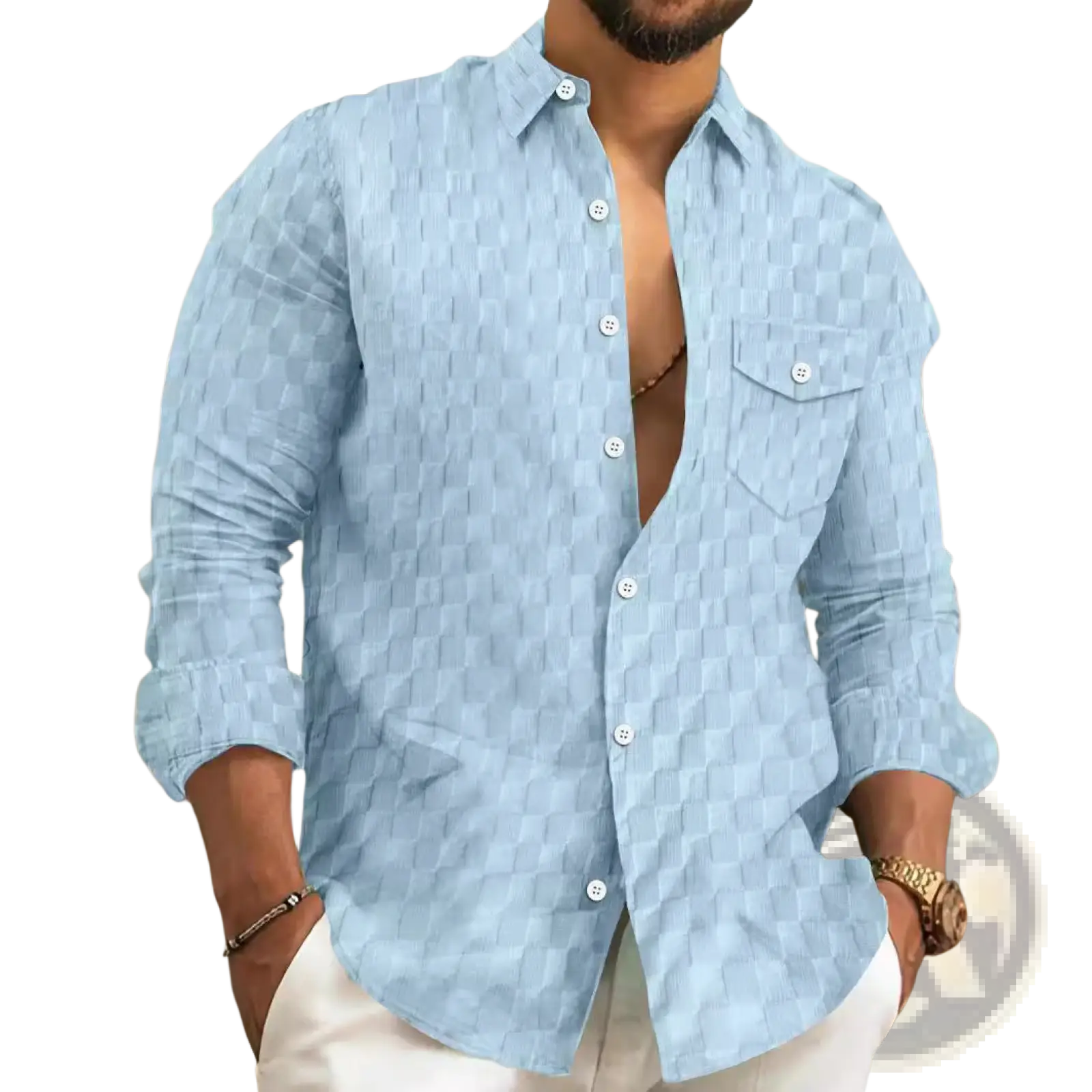 Men jacquard plaid long sleeve button down shirt in light blue with subtle checkered pattern and white buttons