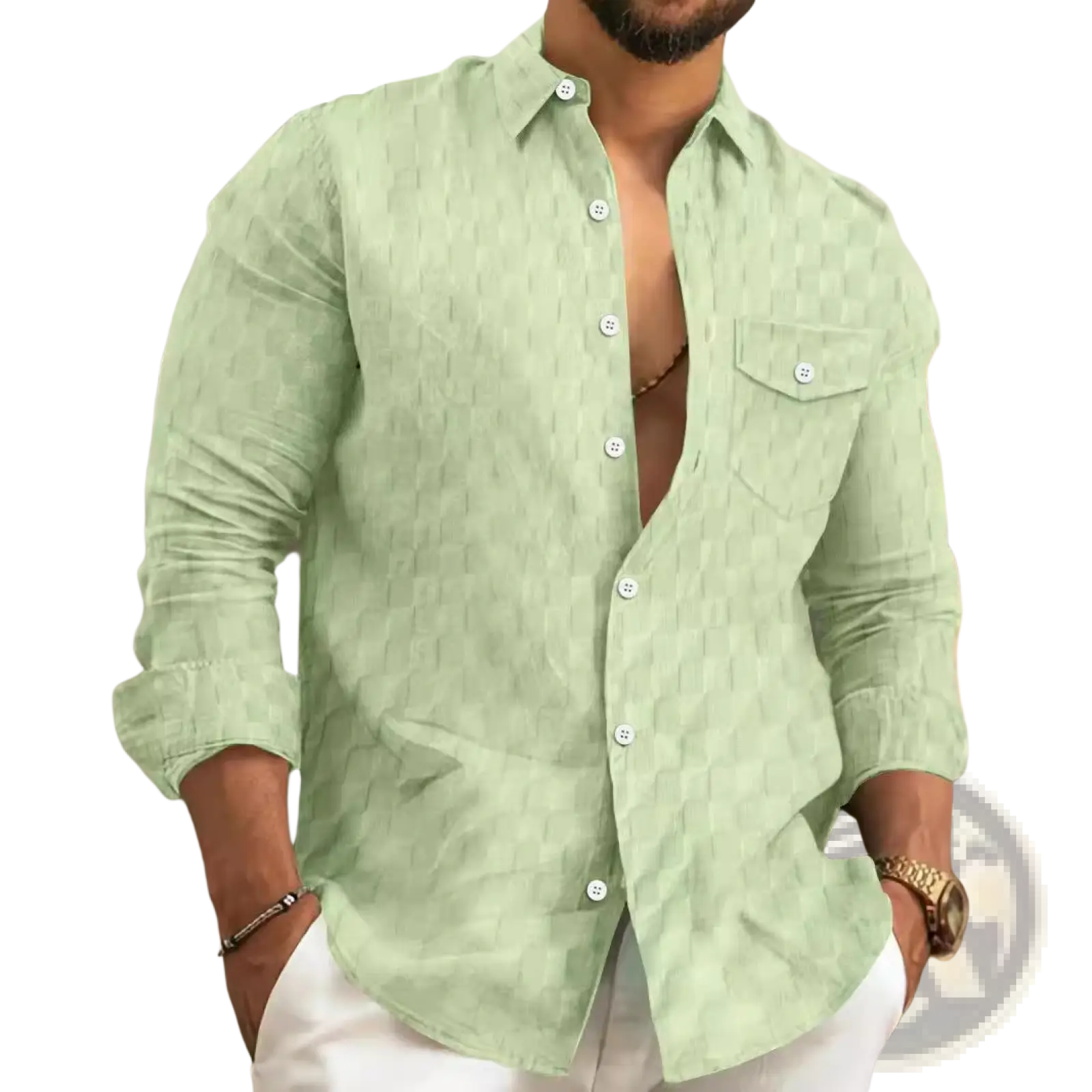 Men jacquard plaid long sleeve button down shirt in light green with subtle textured pattern and white buttons
