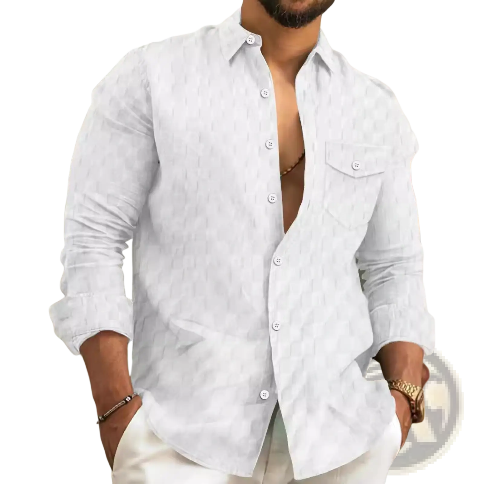 Men jacquard plaid long sleeve button down shirt in white with a subtle geometric pattern and formal design