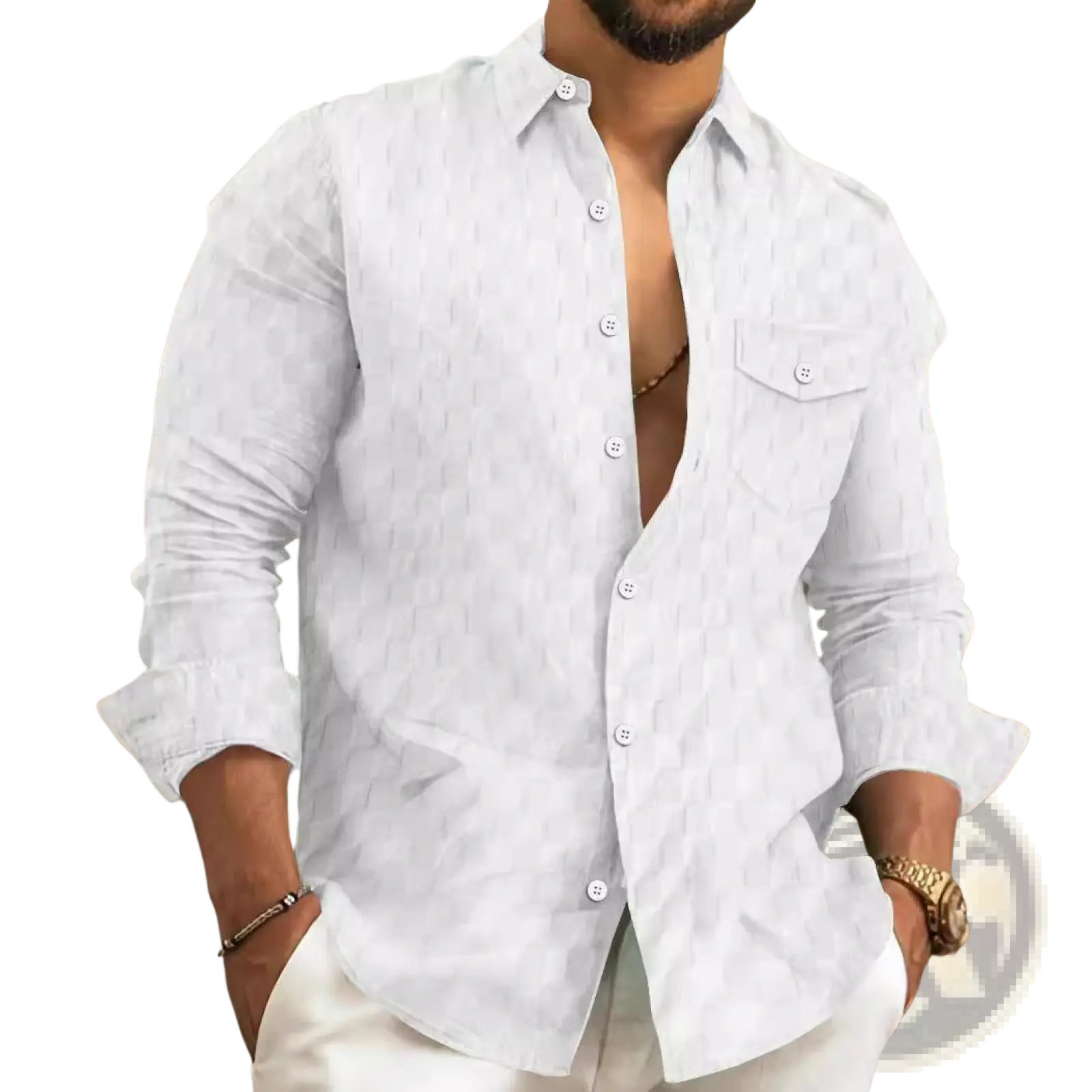 Men jacquard plaid long sleeve button down shirt in white with subtle geometric pattern and chest pocket