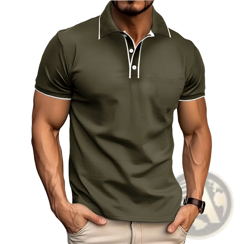 Men jacquard olive green short sleeve polo shirt with white trim on collar and sleeve cuffs for casual wear