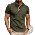 Men jacquard olive green short sleeve polo shirt with white trim on collar and sleeve cuffs for casual wear