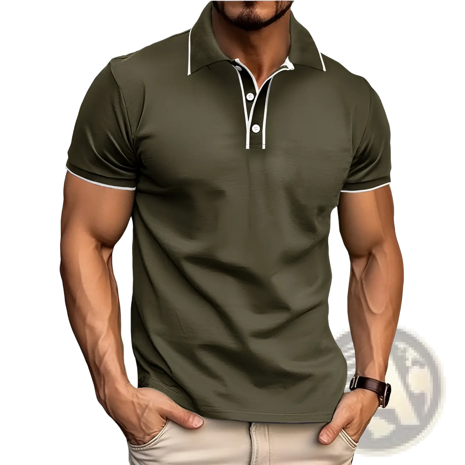 Men jacquard olive green short sleeve polo shirt with white trim on collar and sleeve cuffs for casual wear