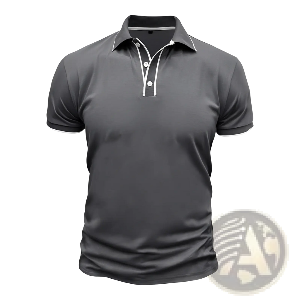 Men jacquard short sleeve polo shirt in dark gray with white collar and placket trim featuring three buttons