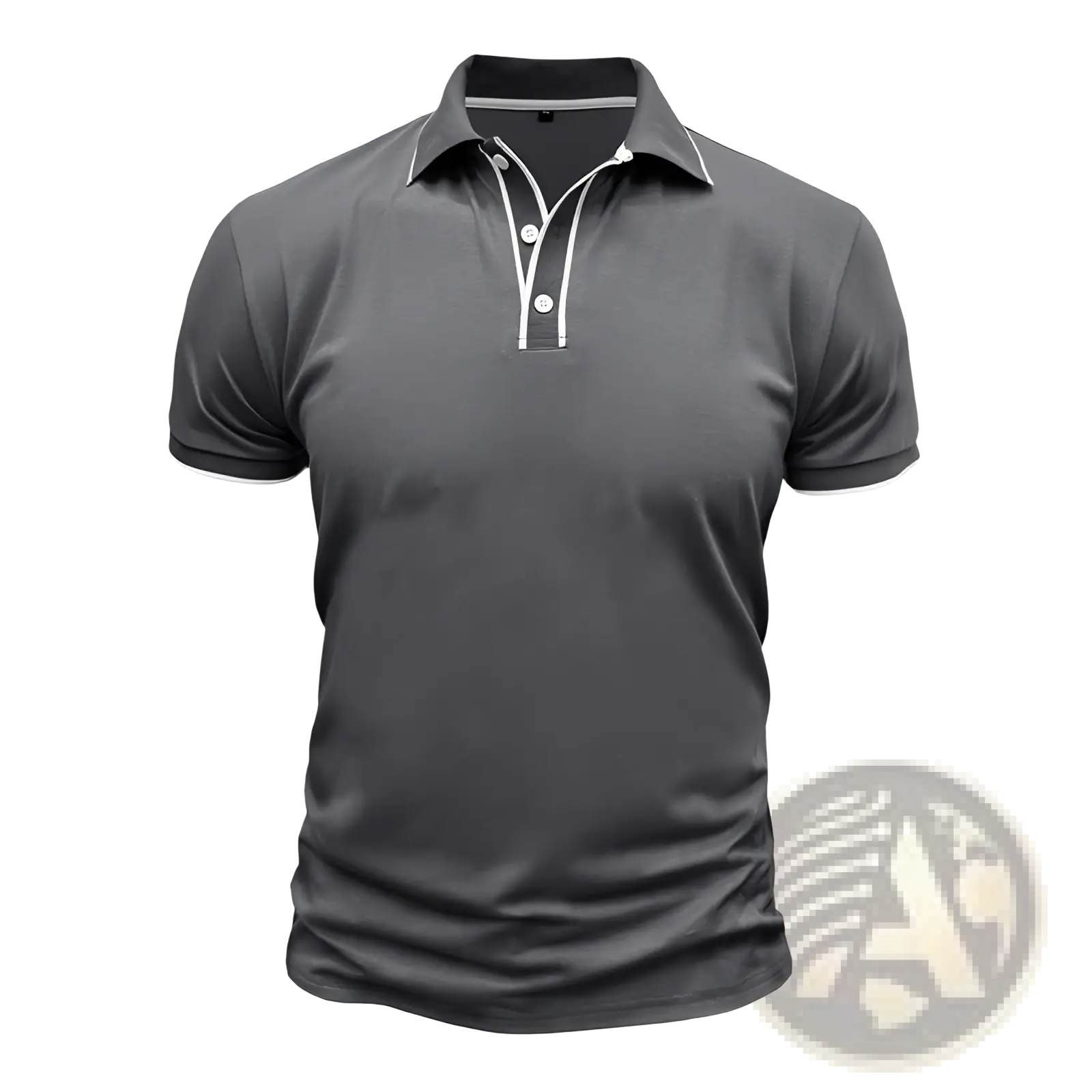 Men jacquard short sleeve polo shirt in dark gray with white collar and placket trim featuring three buttons
