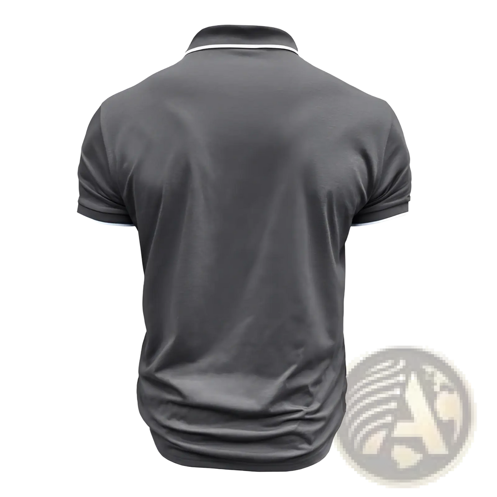 Men jacquard short sleeve polo shirt in dark gray with white trim on collar and sleeve cuffs