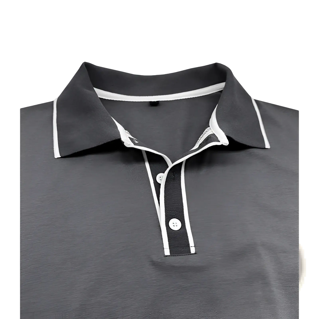 Men jacquard dark gray polo shirt with white trim on collar and placket featuring a classic button-down front