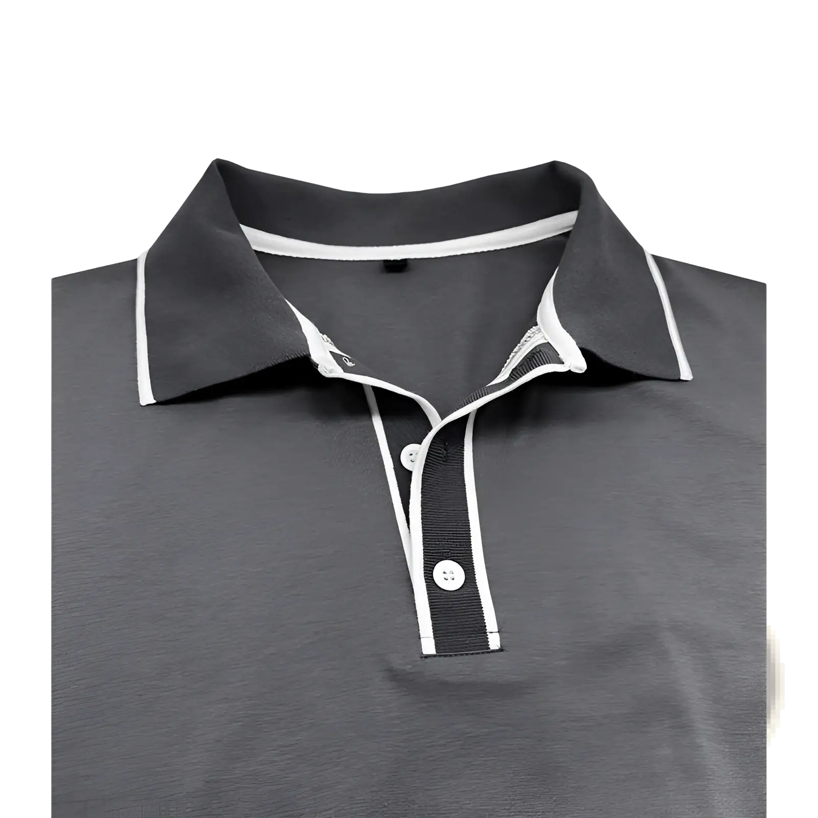 Men jacquard dark gray polo shirt with white trim on collar and placket featuring a classic button-down front