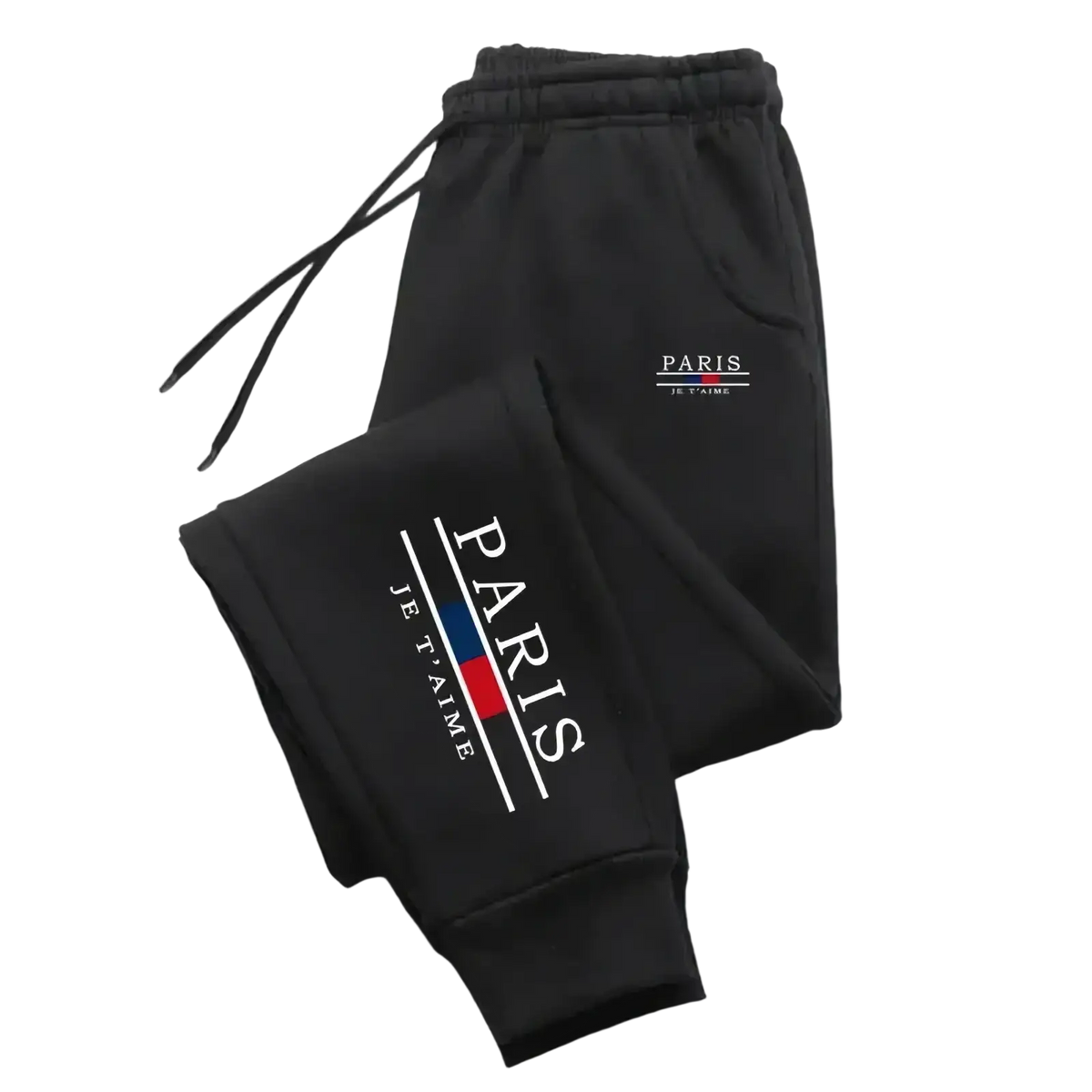 Black men joggers casual athletic sweatpants with paris je t’aime lettering and red blue vertical stripe for streetwear