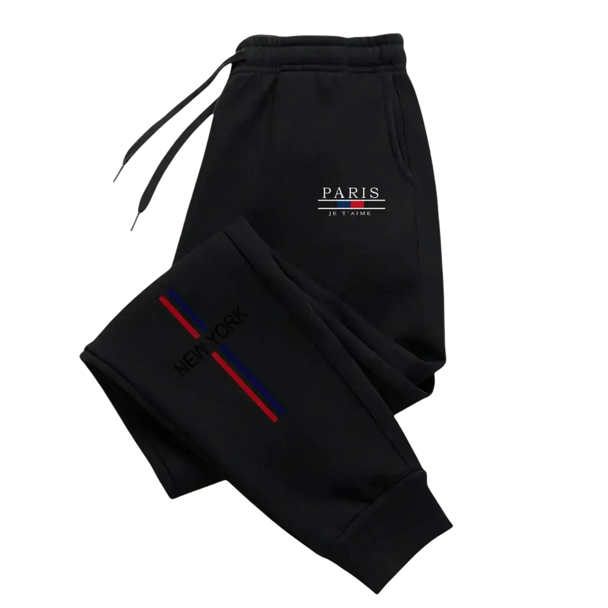 Black men joggers casual athletic sweatpants with paris je t’aime waistband and red blue new york stripe leg detail