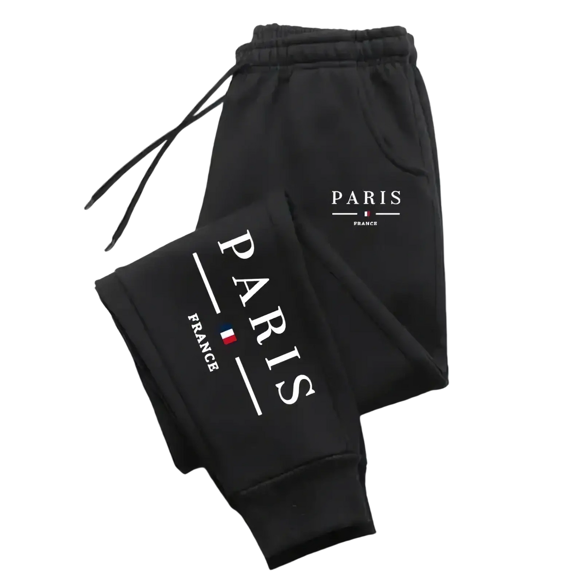 Black men joggers casual sweatpants with paris france print and drawstring closure for athletic streetwear use