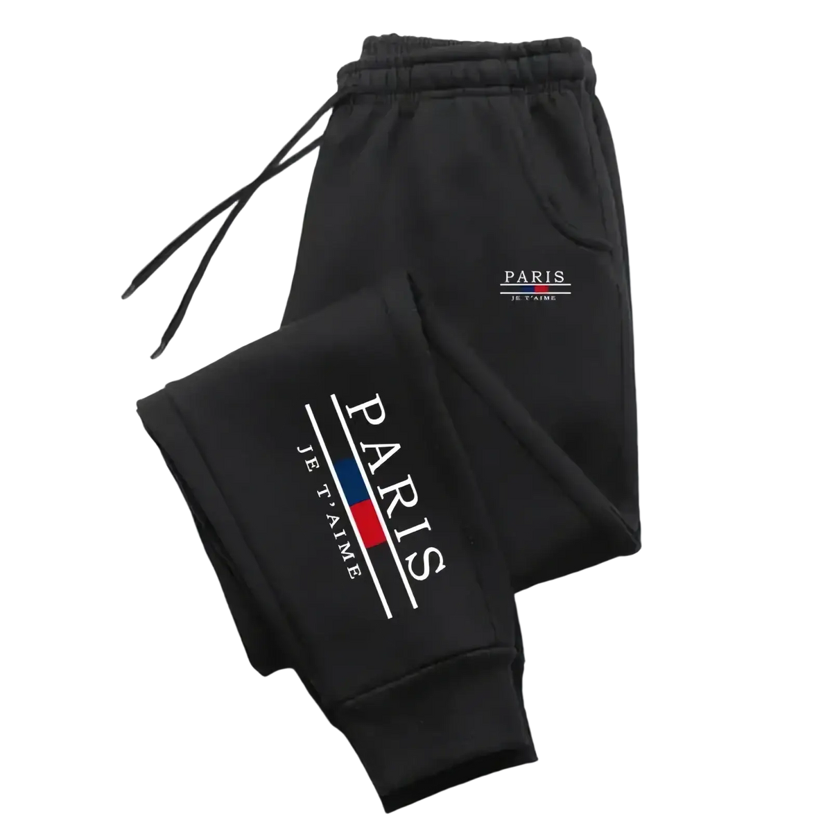 Black men joggers casual athletic streetwear sweatpants with paris je t’aime print and red blue striped drawstring waistband