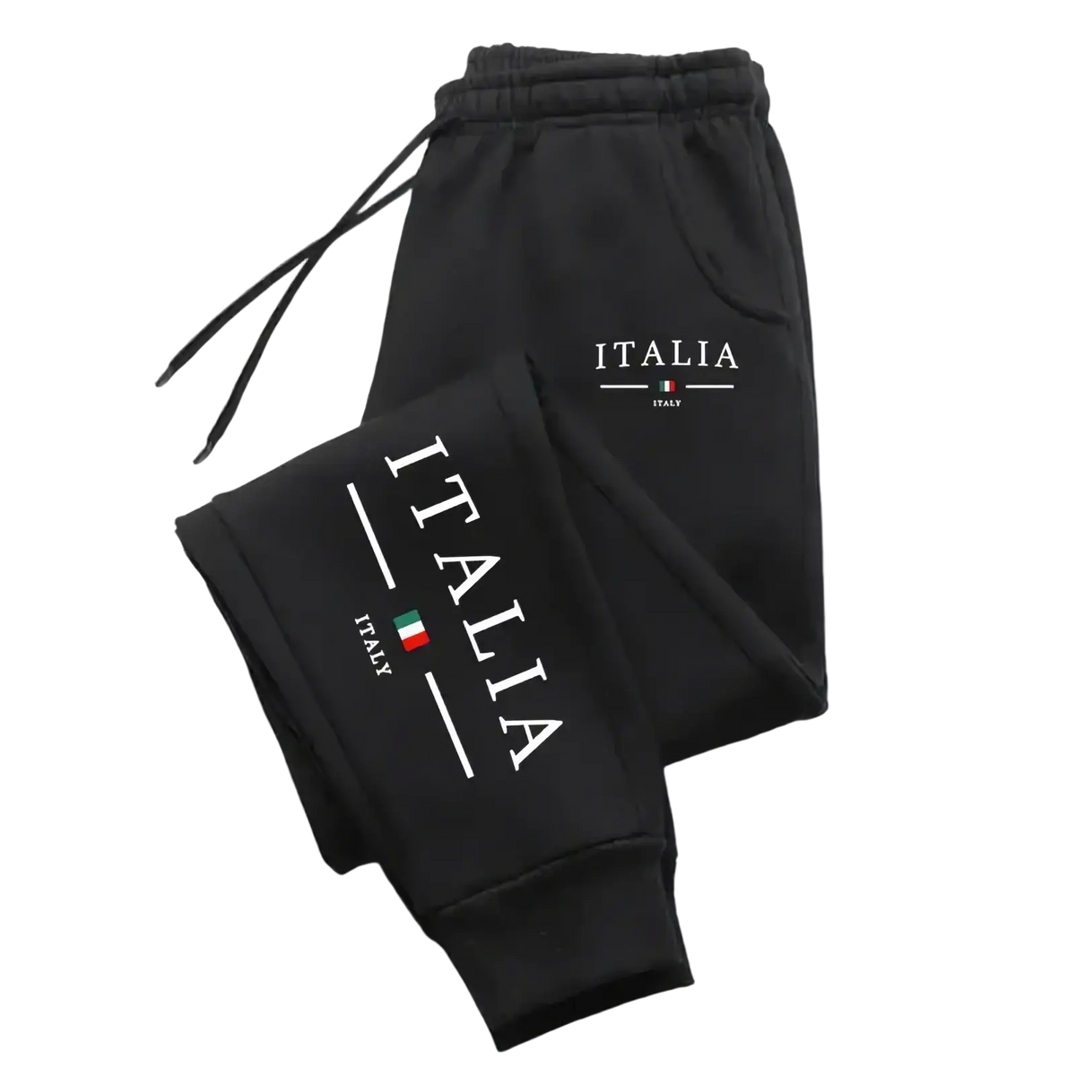 Black men joggers casual athletic sweatpants with white italia lettering and italian flag on leg elastic waistband