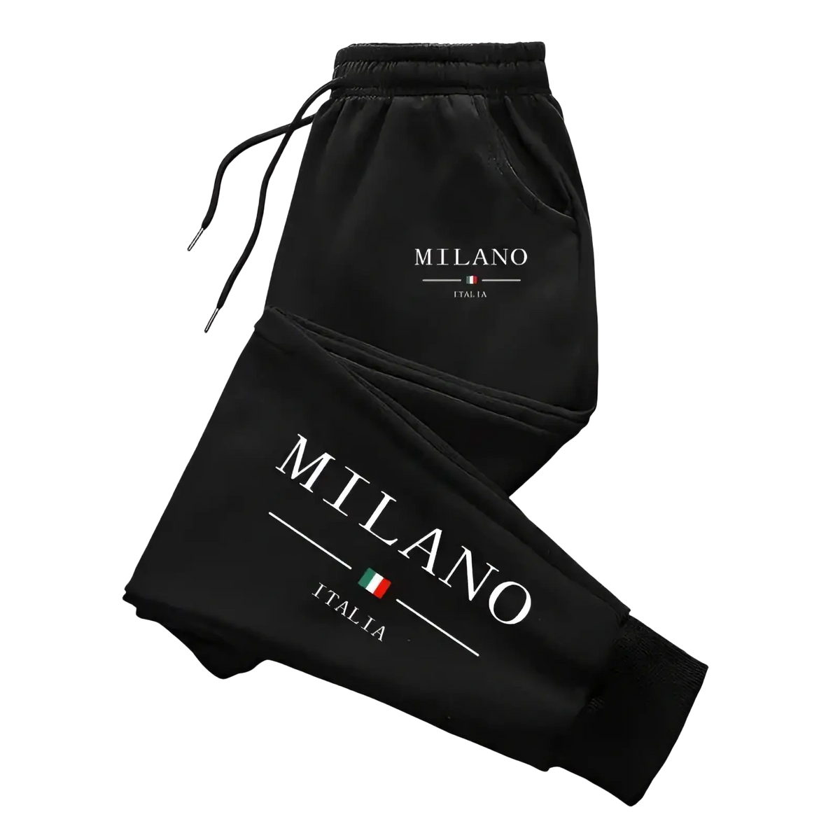 Men joggers casual athletic streetwear sweatpants in black with white milano italia text and italian flag on thigh and waistband