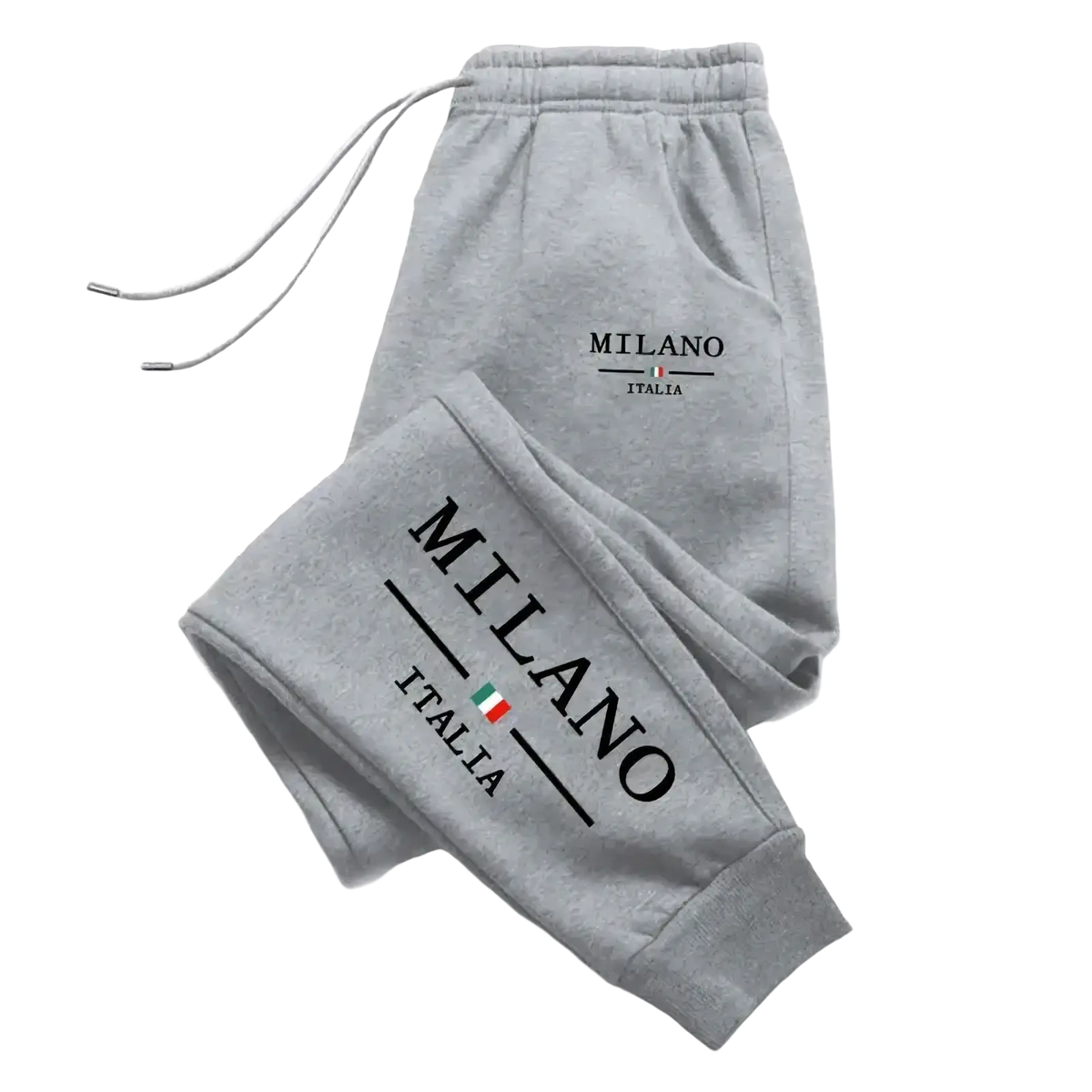 Men joggers casual athletic streetwear sweatpants in gray with milano italia print and italian flag emblem on waistband and leg