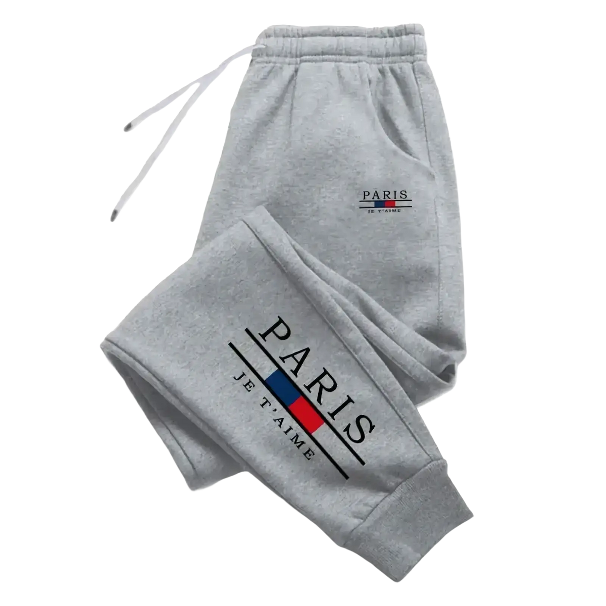 Gray men joggers casual sweatpants with paris je t’aime print and blue red stripe for athletic streetwear use