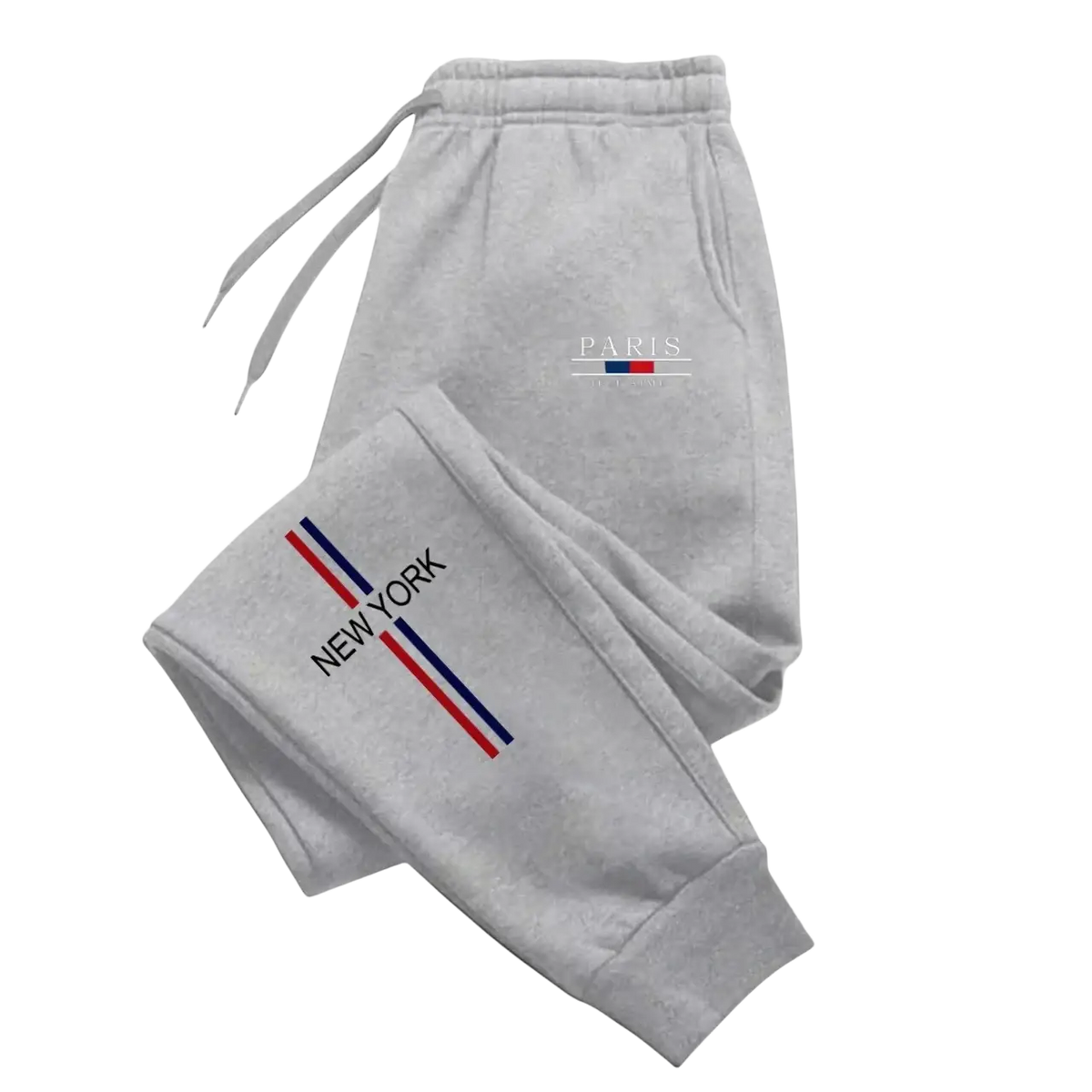 Men joggers casual athletic gray sweatpants with paris and new york text and red and blue stripes on leg and waistband
