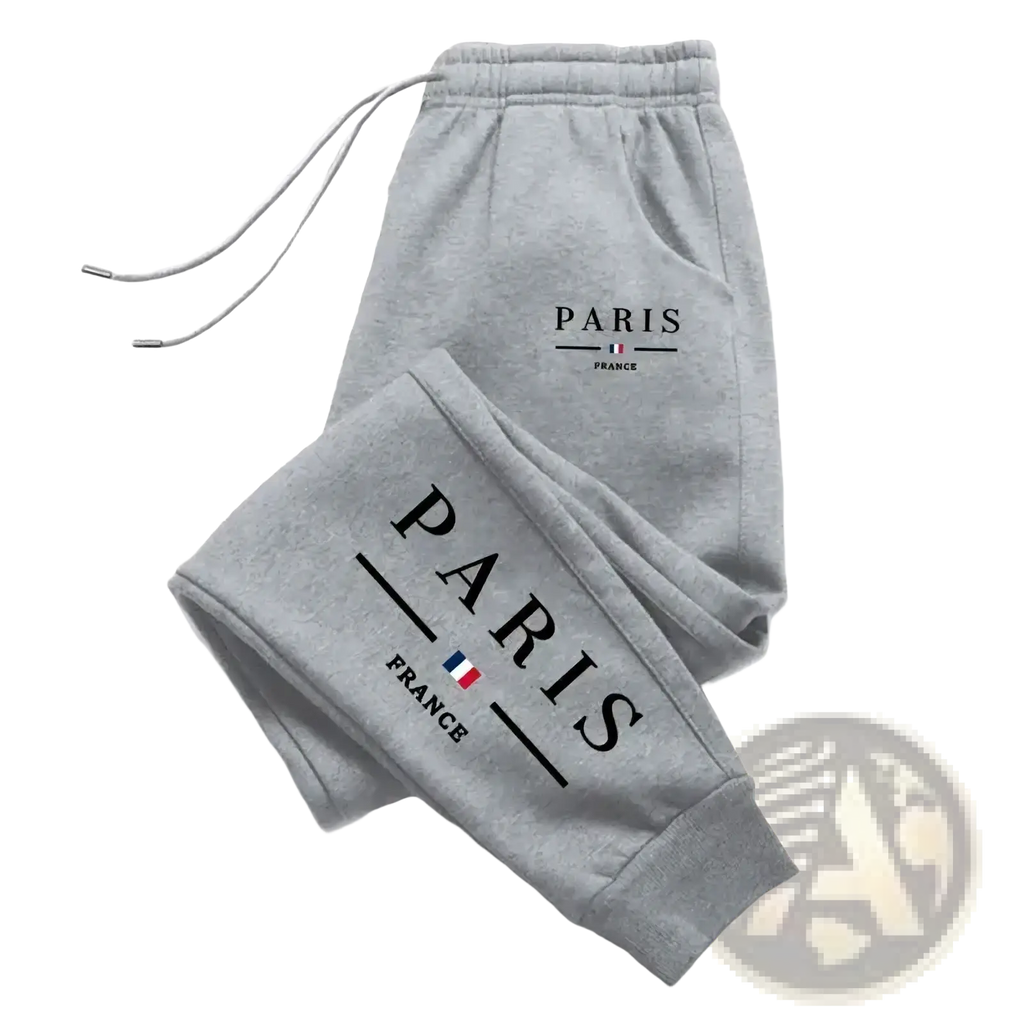 Men joggers casual athletic streetwear gray heathered sweatpants with paris france print and drawstring waist