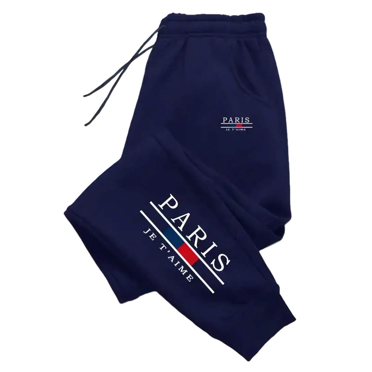 Men joggers casual athletic streetwear navy blue sweatpants with paris je t’aime print and thin red stripe accents