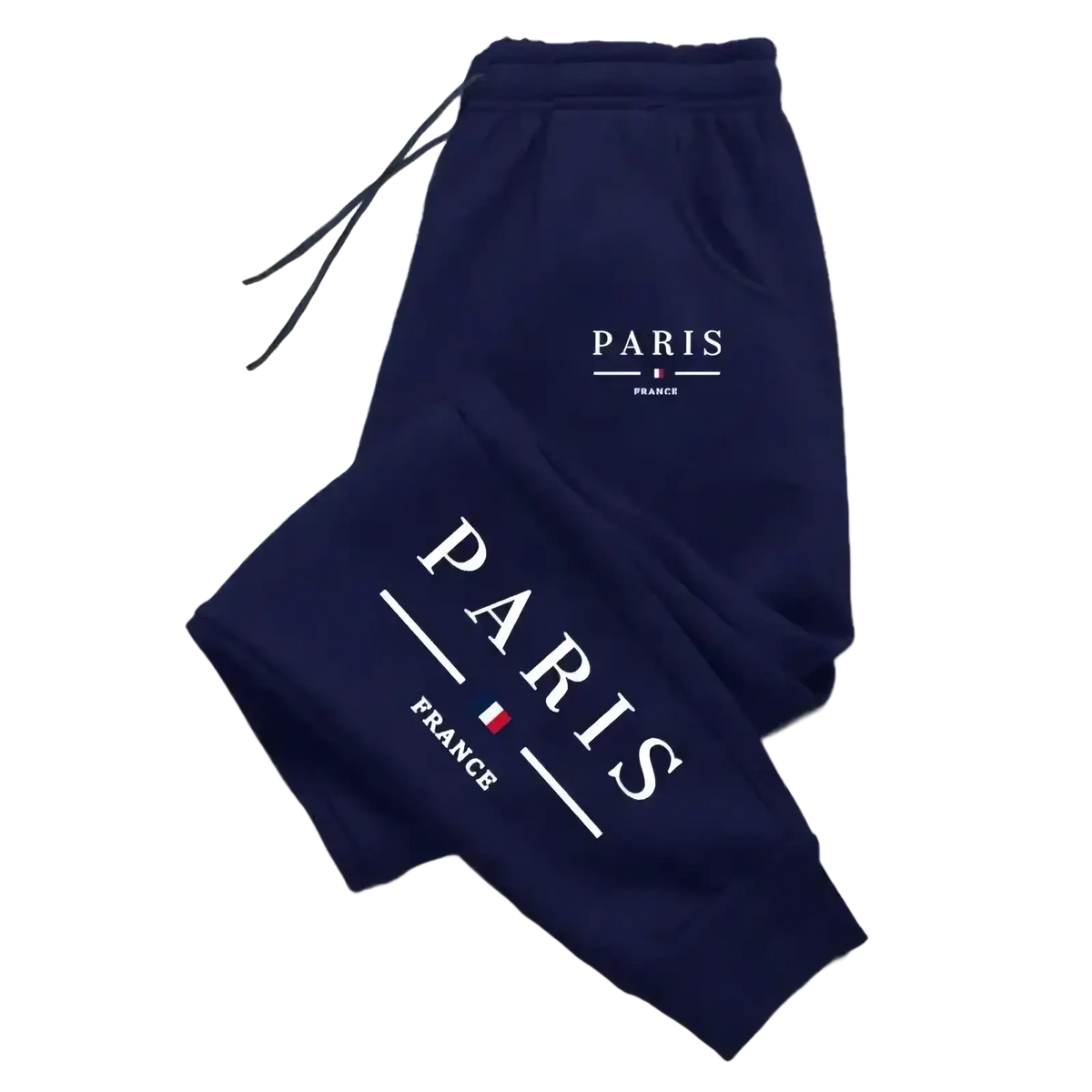 Men joggers casual navy blue sweatpants with white paris france text, french flag emblem, and waist drawstrings
