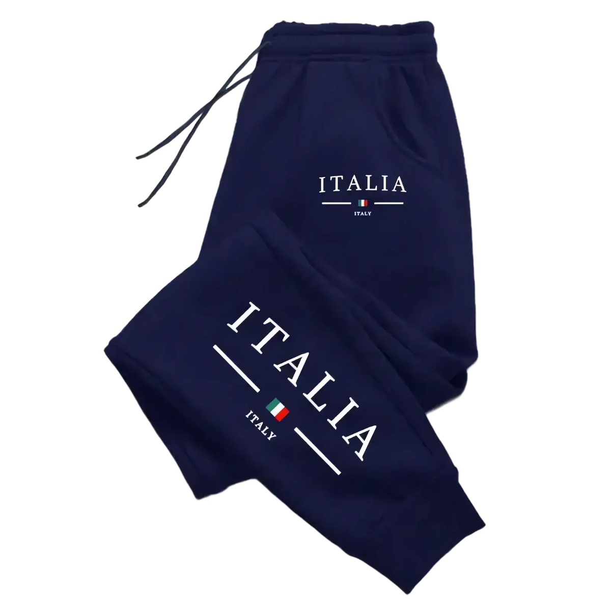 Navy blue men joggers casual athletic sweatpants with white italia lettering and italian flag emblems on waistband and leg