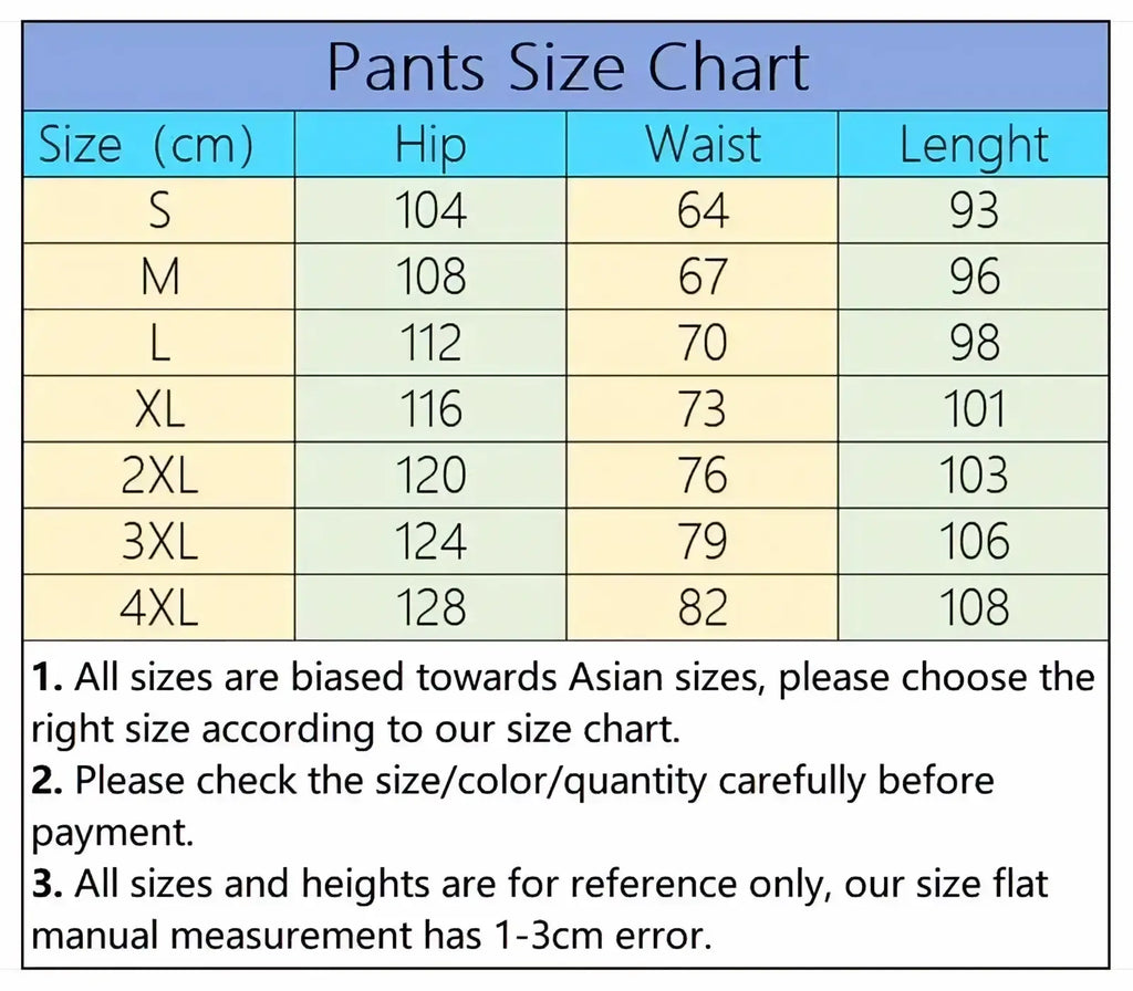 Men joggers casual athletic streetwear sweatpants size chart showing hip waist and length measurements from s to 4xl