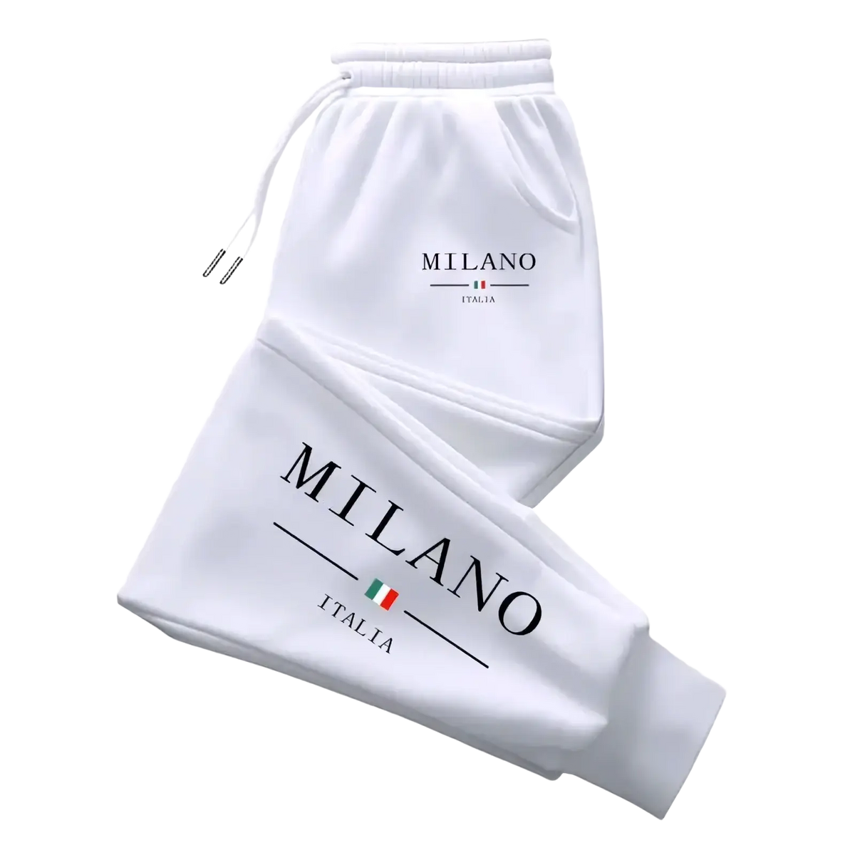 Men joggers casual athletic white sweatpants with milano italia print and small italian flag for streetwear