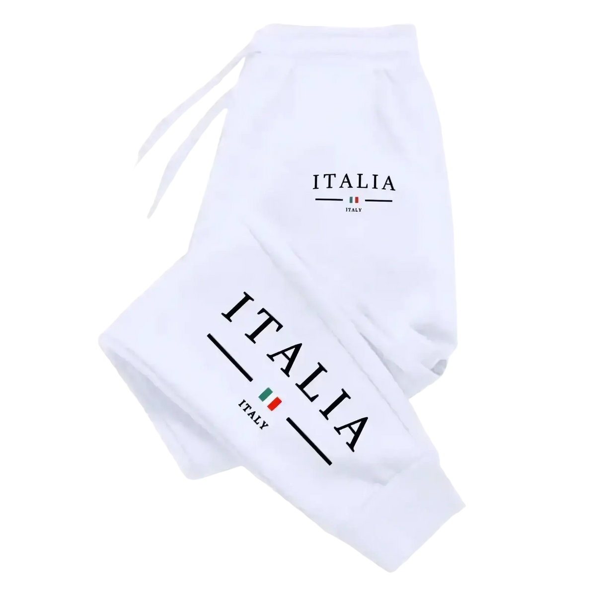 Men joggers casual white athletic pants with bold black italia lettering and italian flag emblem for streetwear