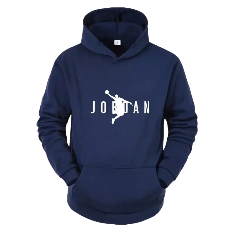 Navy blue men jordan basketball logo hoodie made of polyester featuring white basketball player silhouette and bold jordan text