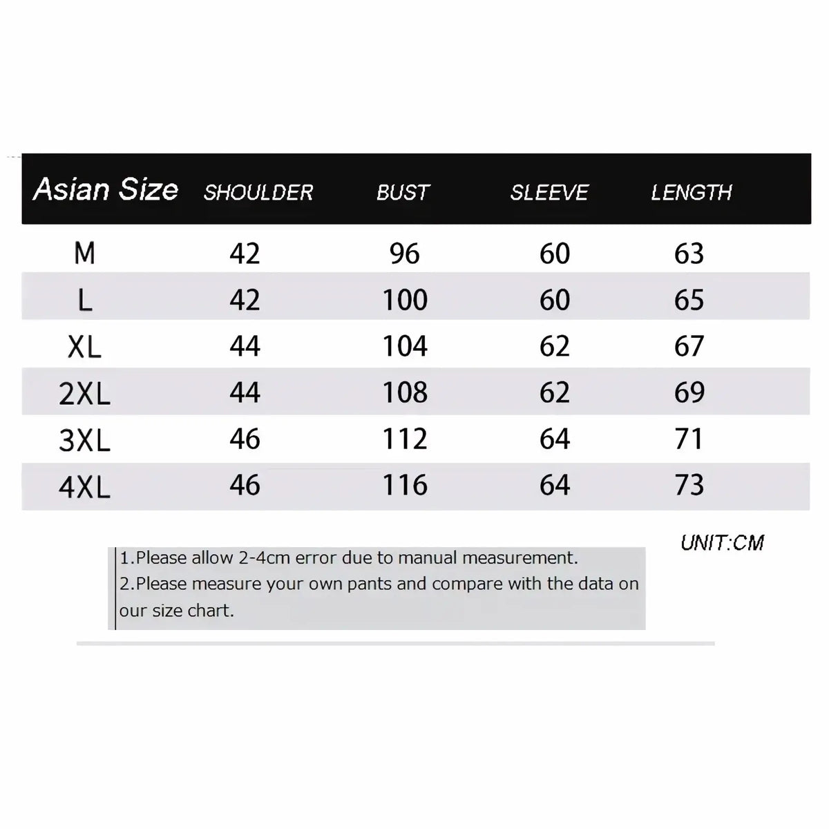 Asian size clothing measurement chart for men knit cardigan button up sweater showing shoulder bust sleeve and length in cm