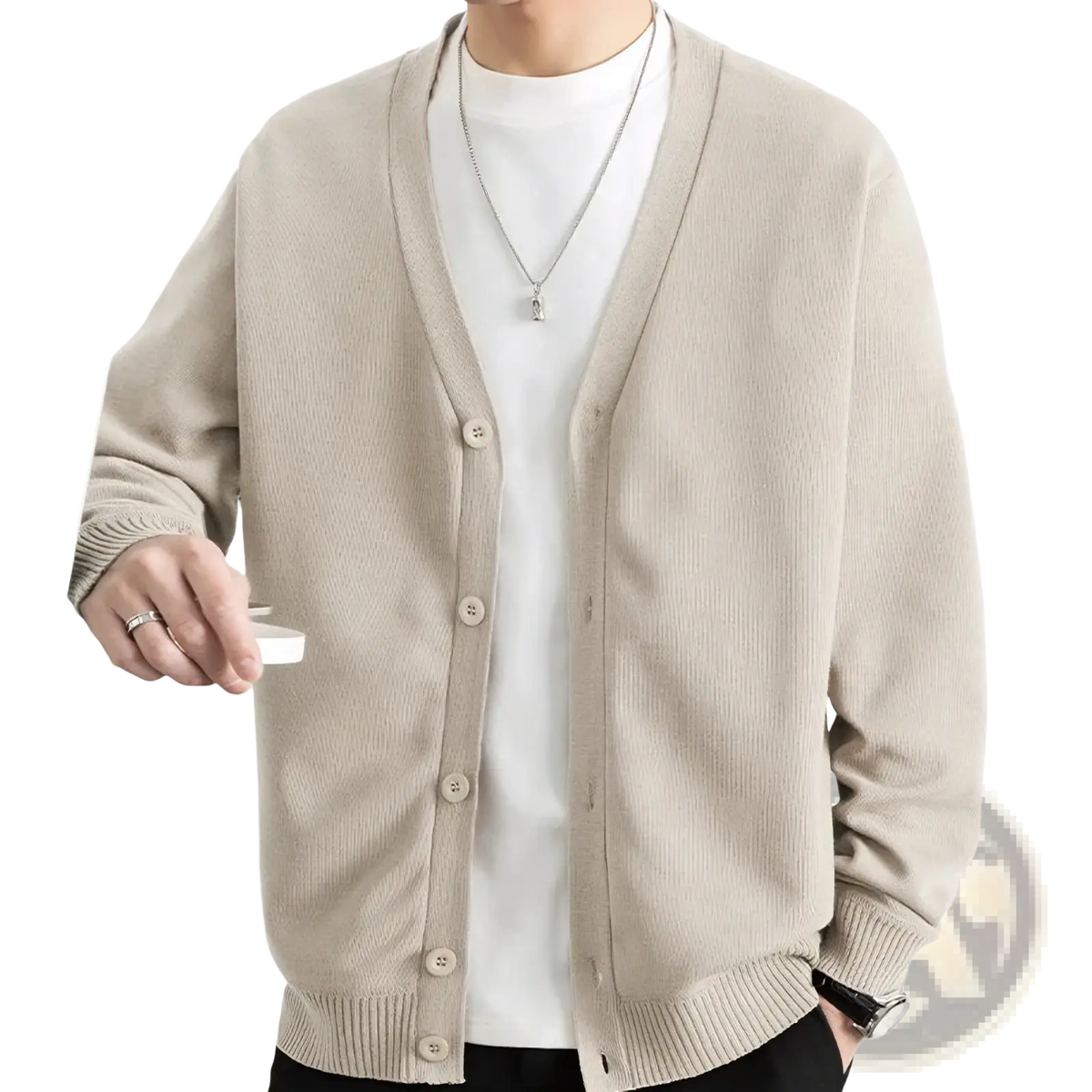 Beige corduroy men knit cardigan with v-neck and button closure perfect for layering and casual wear