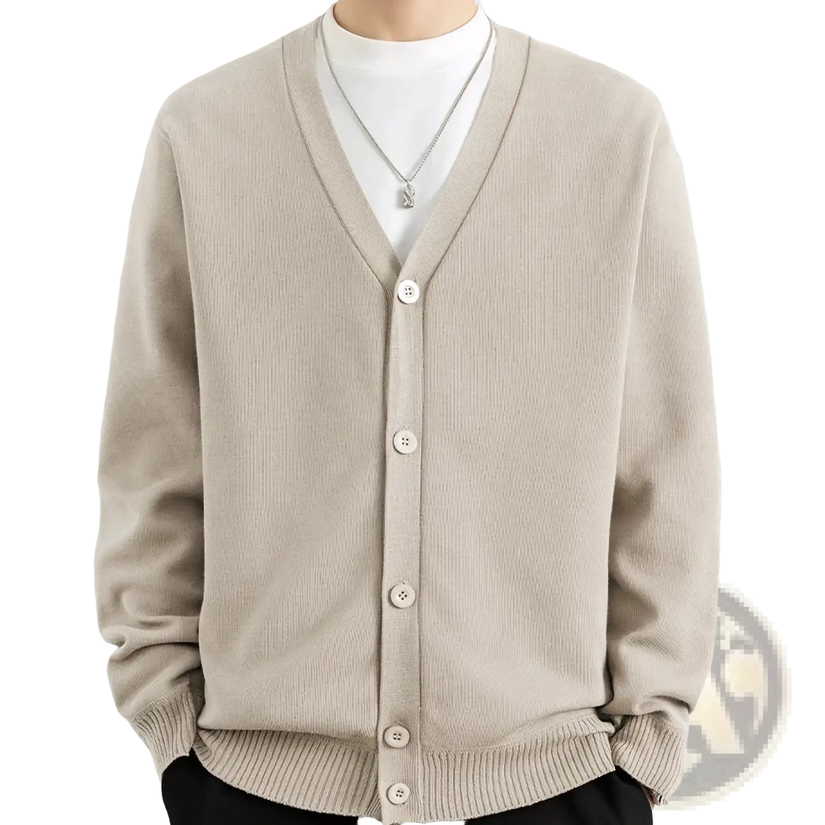 Beige ribbed knit cardigan for men featuring matching button closure and crew neck in a button up sweater design