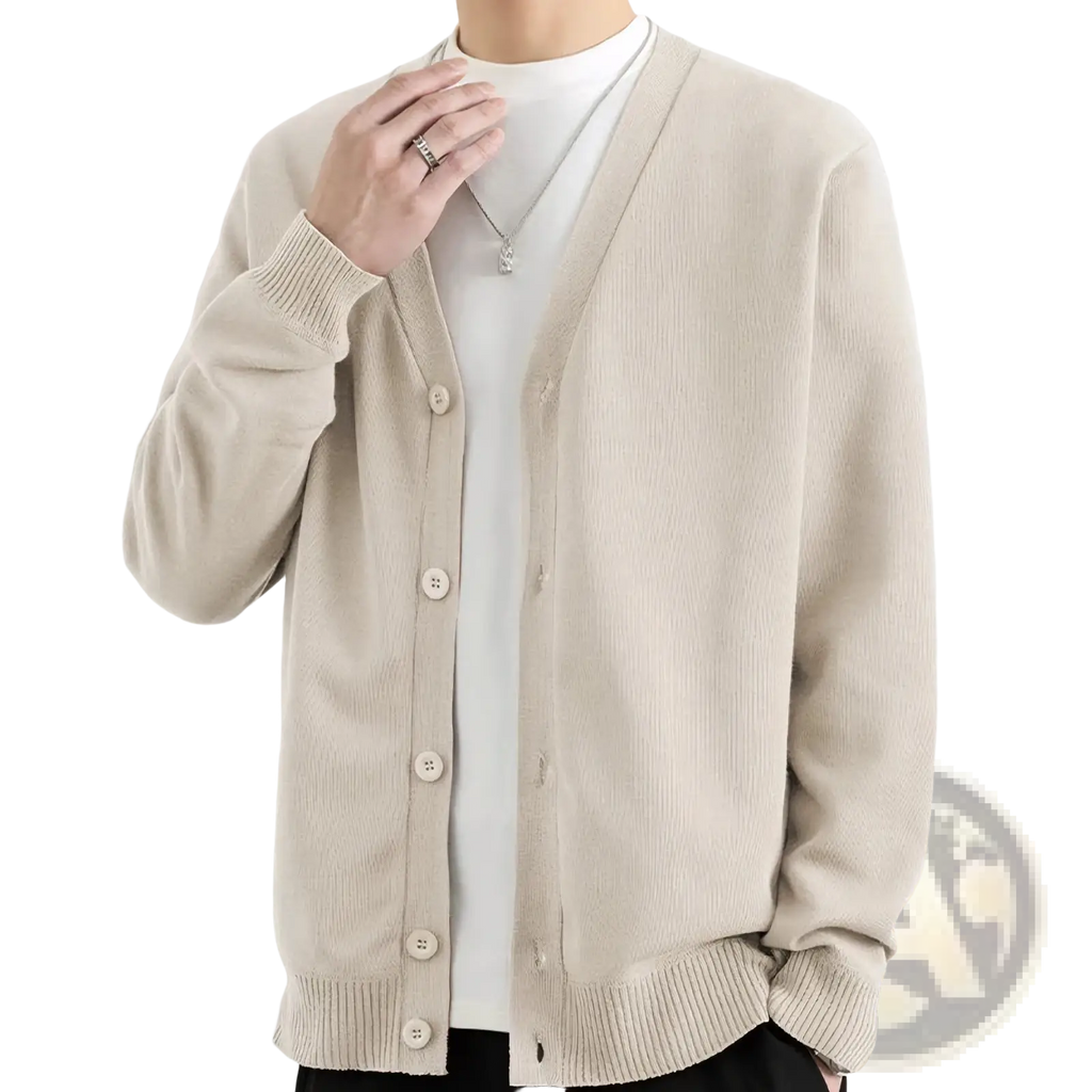 Men knit cardigan button up sweater in beige ribbed knit with matching buttons and a v neckline