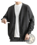 Dark gray textured knit cardigan for men with black buttons and ribbed cuffs button up sweater design