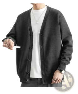 Dark gray textured knit cardigan for men with black buttons and ribbed cuffs button up sweater design
