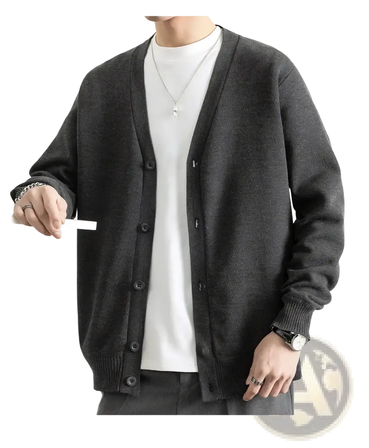 Dark gray textured knit cardigan for men with black buttons and ribbed cuffs button up sweater design