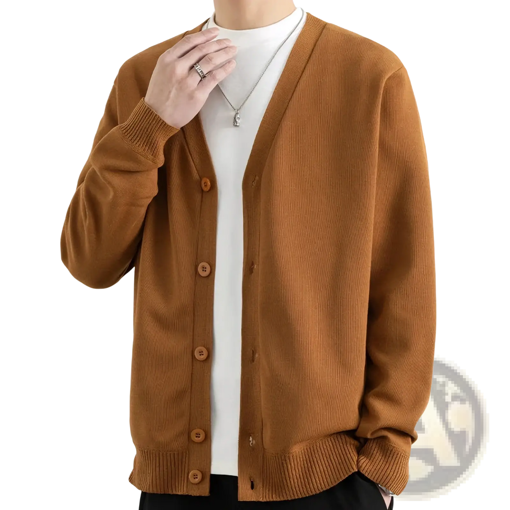 Men knit cardigan button up sweater in warm brown ribbed knit with matching wooden buttons