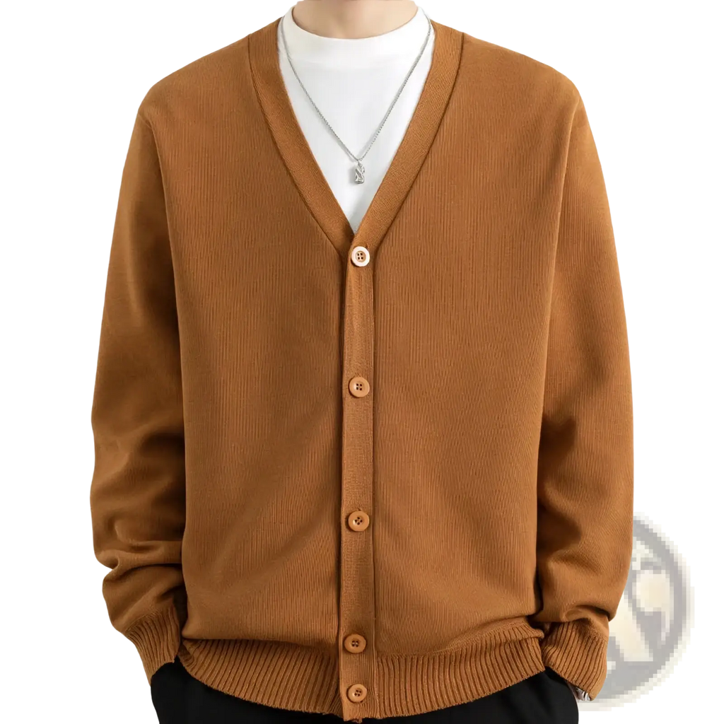 Men knit cardigan button up sweater in warm caramel ribbed knit with matching wooden buttons