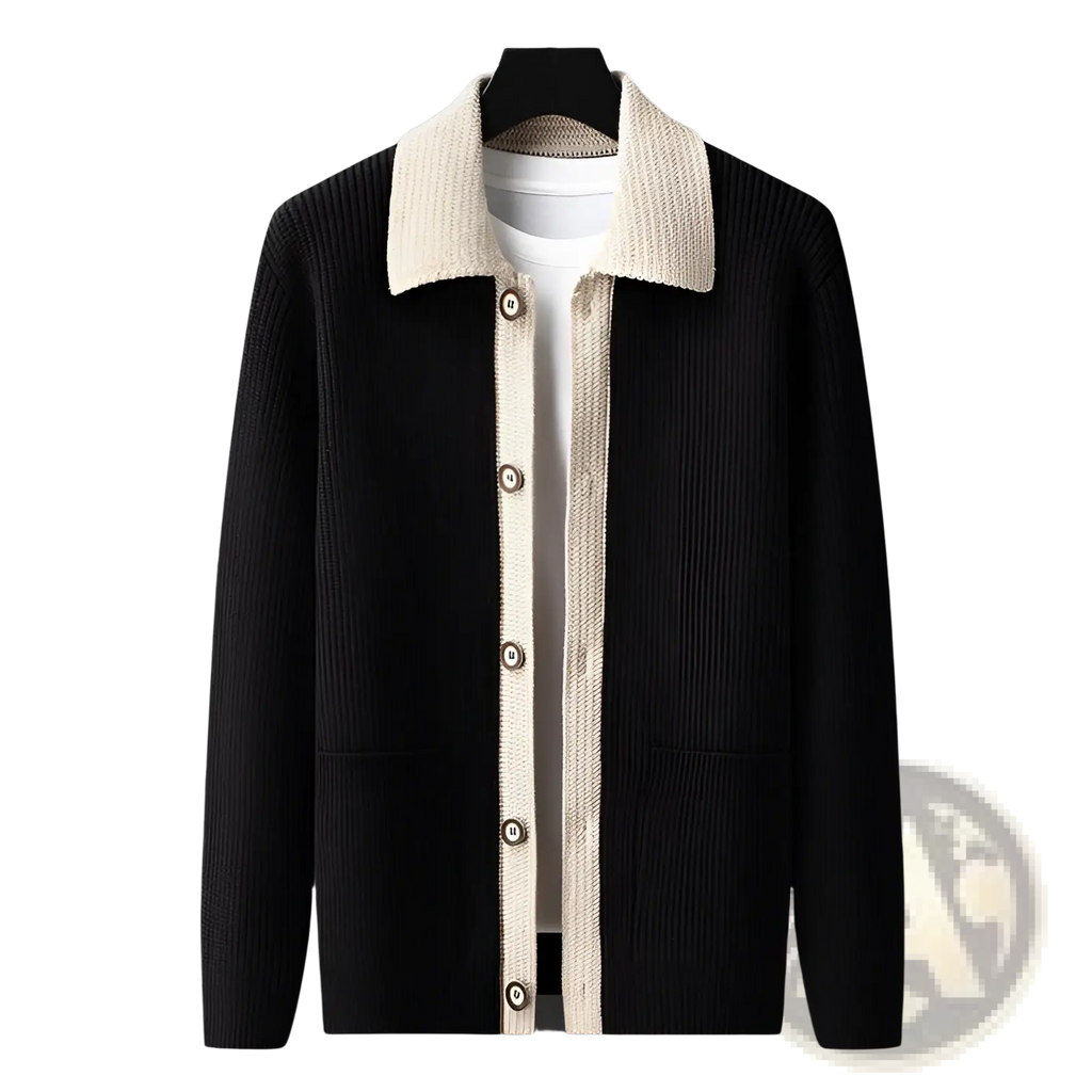 Men knit cardigan in black ribbed knit with contrasting cream collar and front placket featuring matching buttons